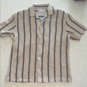 Zara Men's Casual Beige and Navy Striped Shirt